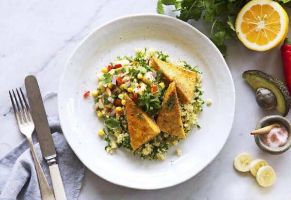 Crunchy Cajun Spiced Tofu w/ Banana Salsa & Herby Millet