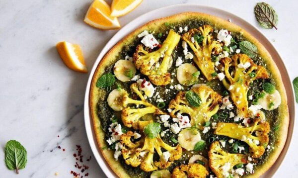 Indian Spiced Cauliflower Pizza w/ Banana, Goat Cheese & Coriander Pesto